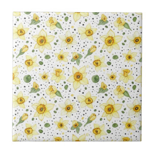 Retro Yellow White Daffodils and Polka Dot Flowers Tile