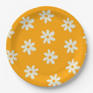 Retro Yellow White Floral Simple Flower Pattern Paper Plate