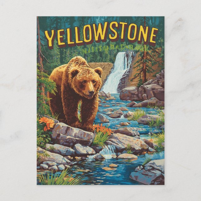 Retro Yellowstone – Grizzly Bear & Waterf Postcard (Front)