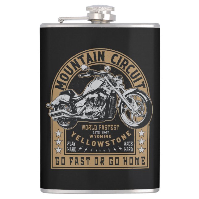 Retro Yellowstone Motorcycle Hip Flask (Front)