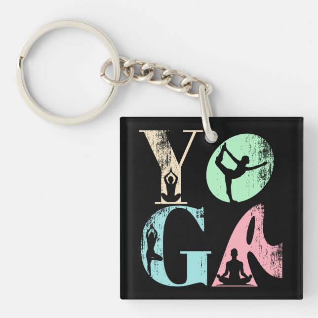 Retro Yoga Typography with Silhouettes of Poses  Key Ring (Front)