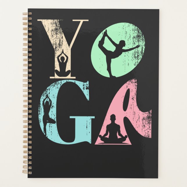 Retro Yoga Typography with Silhouettes of Poses  Planner (Front)