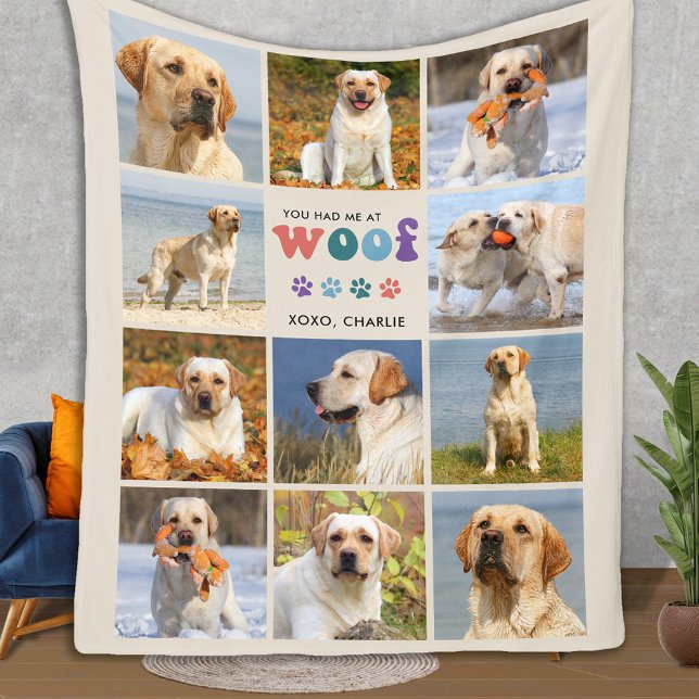 Retro You Had Me WOOF Custom 11 Photo Collage Dog Fleece Blanket (Creator Uploaded)