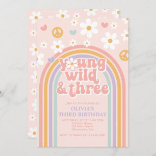 Retro Young Wild and Three Rainbow 3rd Birthday Invitation