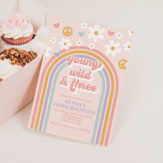 Retro Young Wild and Three Rainbow 3rd Birthday Invitation