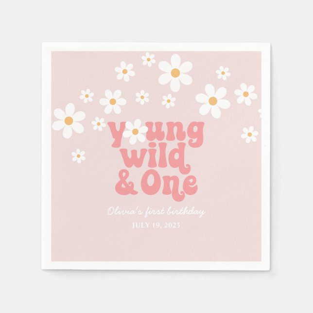 Retro Young Wild One Daisy floral 1st birthday Napkin (Front)