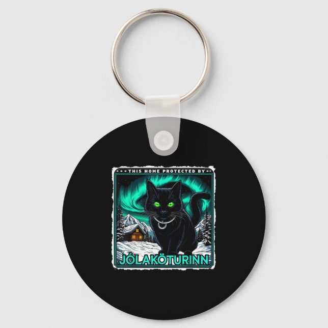 Retro Yule Cat Icelandic This Home Protected Jólak Key Ring (Front)