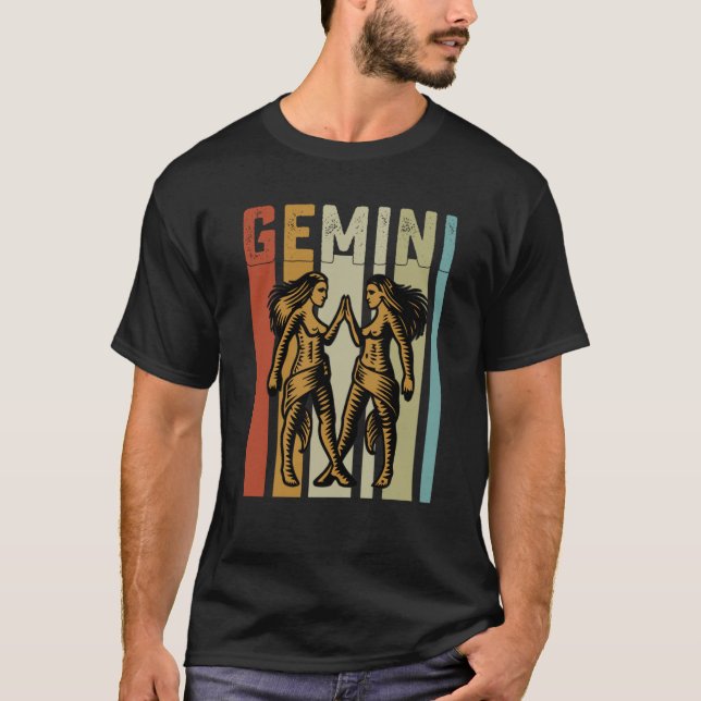 Retro Zodiac Gemini Vintage Style Astrology T-Shirt (Front)
