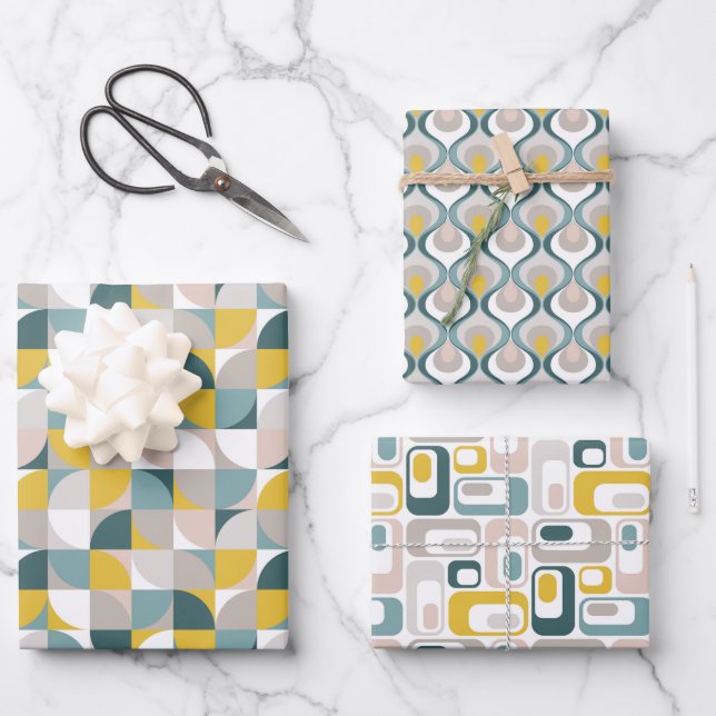 RetroMod Patterns Aqua Teal Blue Blush Pink Yellow Wrapping Paper Sheet (Front)