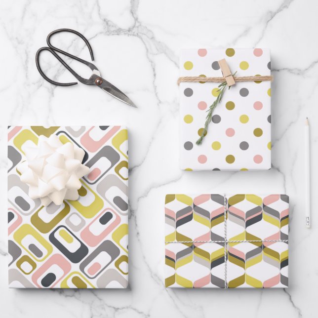 RetroMod Patterns Mustard Yellow Pink Grey Taupe  Wrapping Paper Sheet (Front)