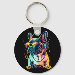 Retrowave French Bulldog with Headphones and Sungl Key Ring