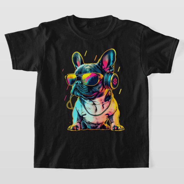 Retrowave French Bulldog with Headphones and Sungl T-Shirt (Laydown)