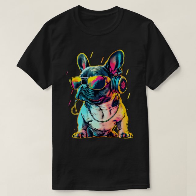 Retrowave French Bulldog with Headphones and Sungl T-Shirt (Design Front)