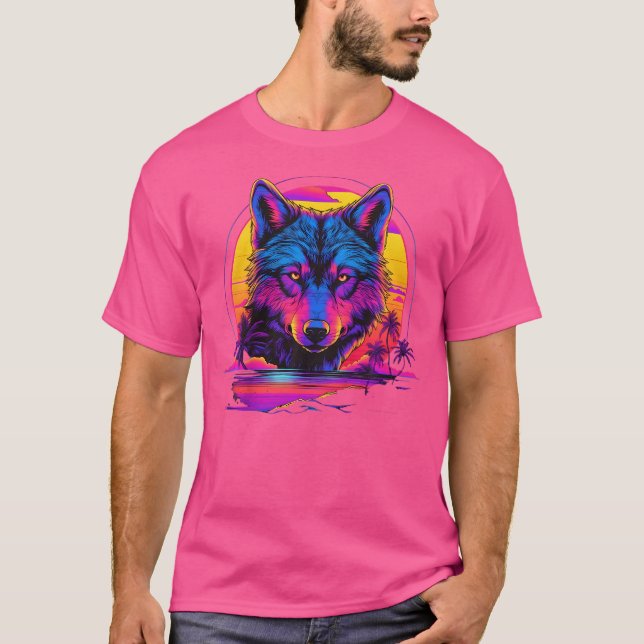 Retrowave Synthwave 80S Vaporwave Wolf T-Shirt (Front)