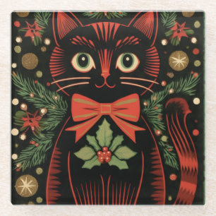 RetroXmasCat Glass Coaster
