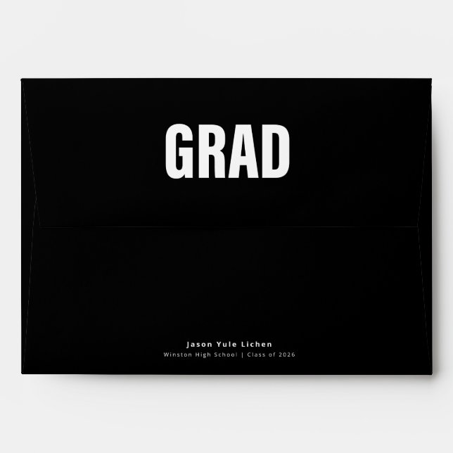 Return Address Black and White Script Graduation Envelope (Back (Top Flap))