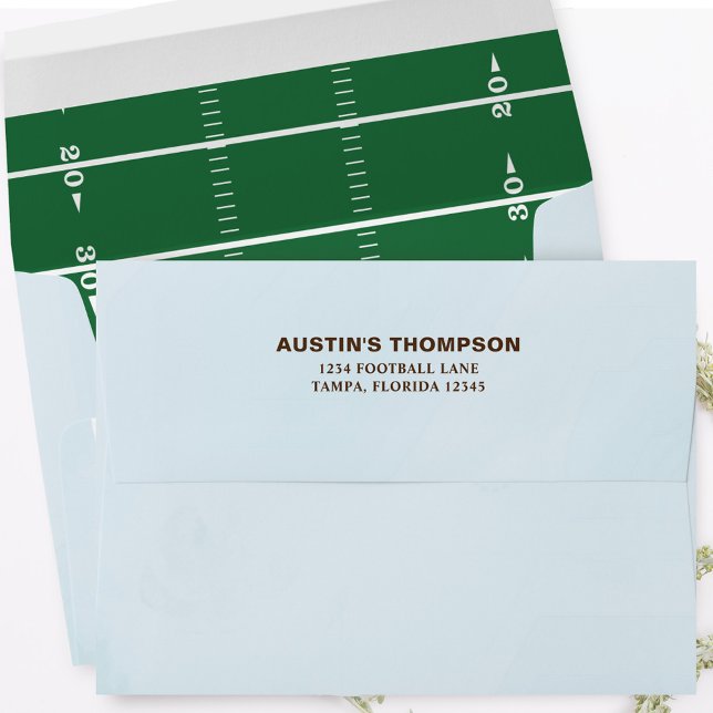 Return Address Blue Green Football Field Envelope (Football field and simple sky blue return address printed envelope.)
