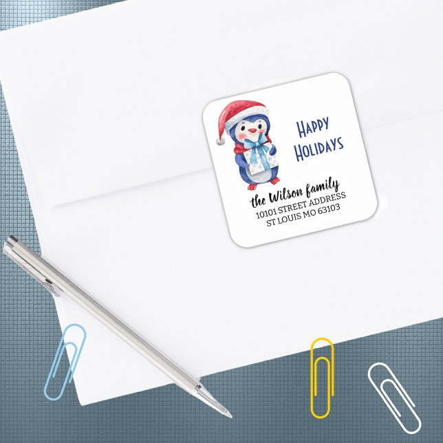 Return Address Blue Red Penguin Happy Holidays Square Sticker (Creator Uploaded)