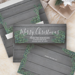 Return Address Christmas Greenery and Grey Wood Envelope