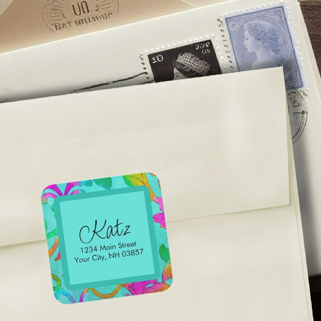 Return Address Colourful Damask Aqua Square Sticker (Creator Uploaded)