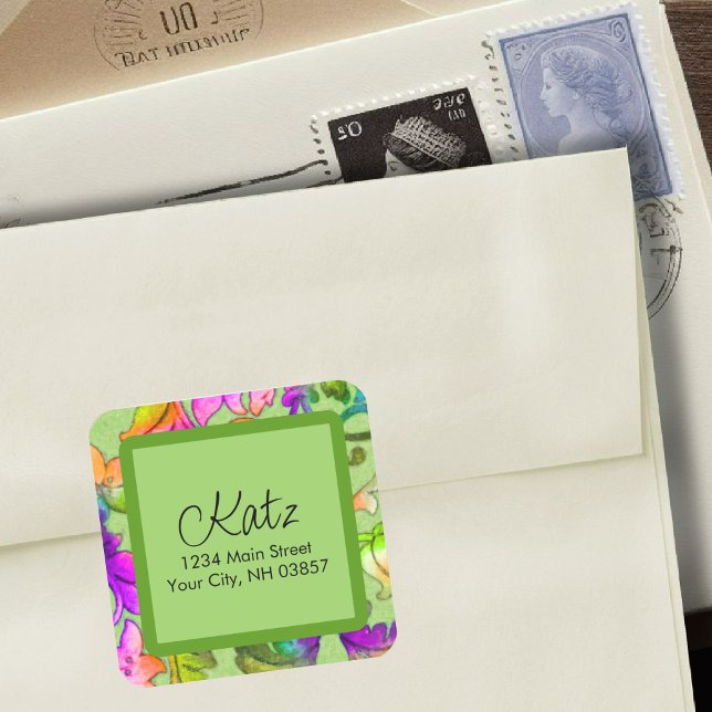Return Address Colourful Damask Green Square Sticker (Creator Uploaded)