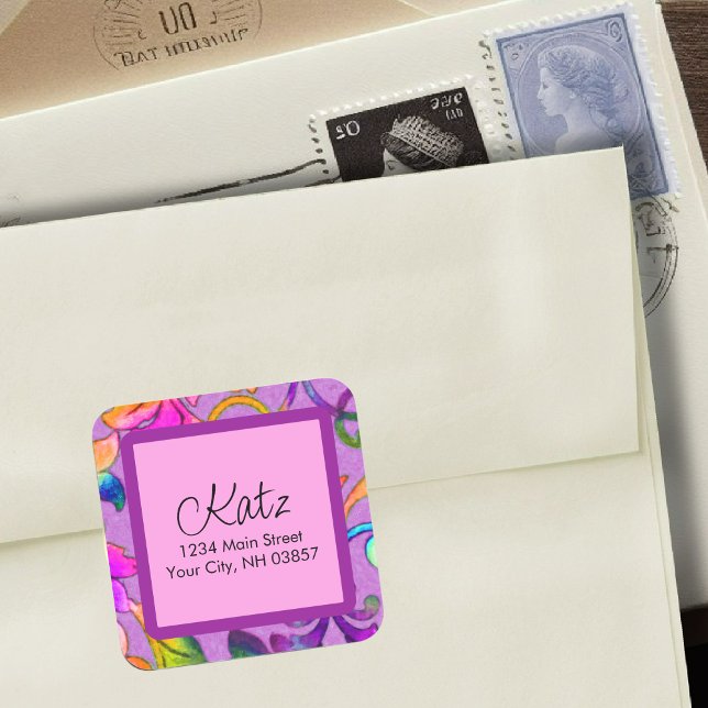 Return Address Colourful Damask Pink Square Sticker (Creator Uploaded)