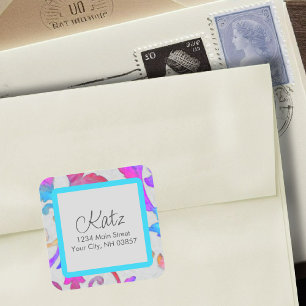 Return Address Colourful Damask Pink Turquoise Square Sticker
