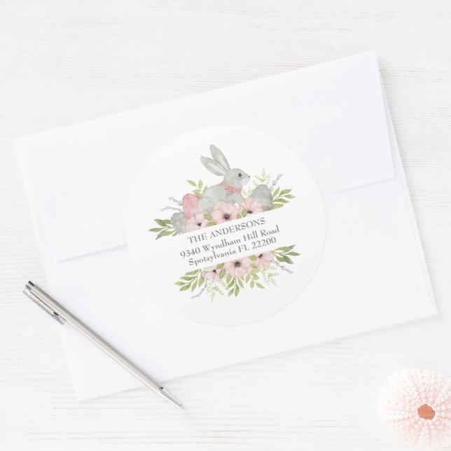 Return Address Easter Bunny & Eggs  Classic Round Sticker (Envelope)