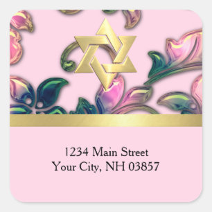 Return Address Elegant Pink Navy and Green Damask Square Sticker