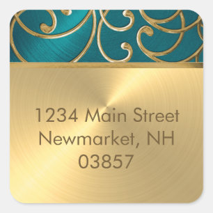 Return Address Elegant Teal Blue and Gold Filigree Square Sticker