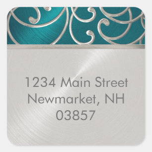Return Address Elegant Teal Blue Silver Filigree Square Sticker