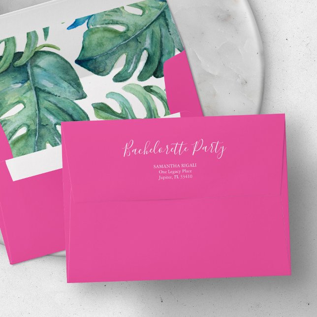 Return Address Envelopes Pink Bachelorette Party (Bachelorette party envelopes vibrant pink with monstera palm leaves art by Victoria Grigaliunas)