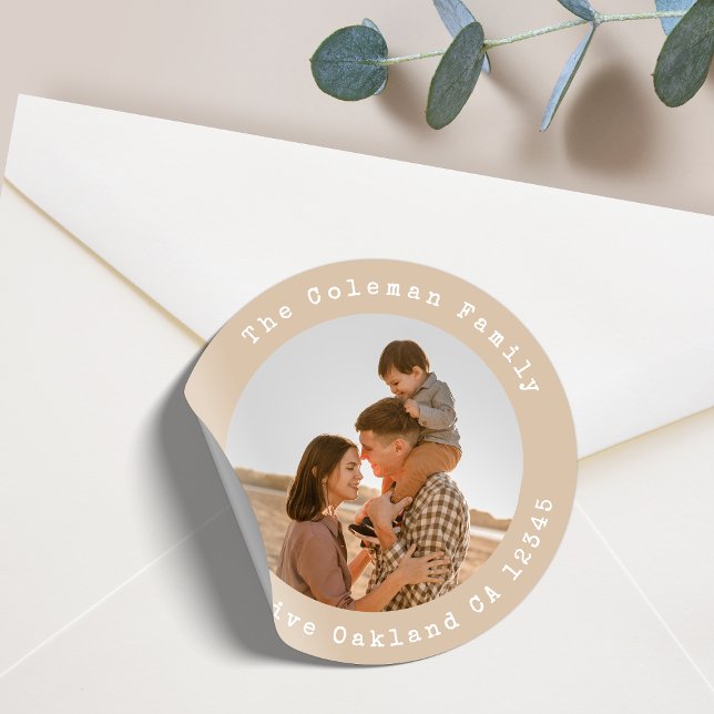 Return Address Family Photo Classic Round Sticker (Family photo return address label by Guava - stylish, elegant, and fully customizable)