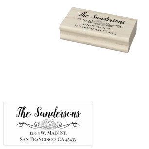 Return Address Family Surname Floral Rose Script Rubber Stamp