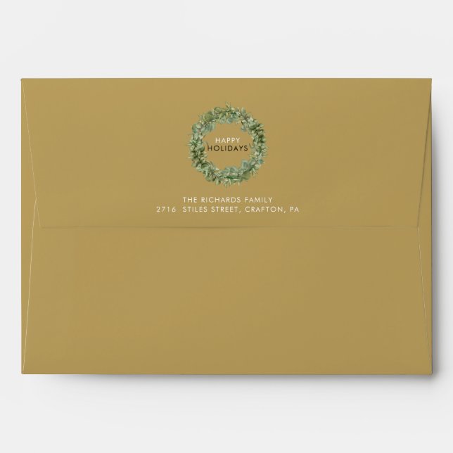 Return Address Greenery Happy Holidays Gold Envelope (Back (Top Flap))