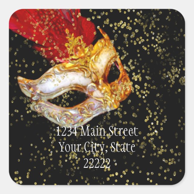 Return Address Masquerade Black Red Gold Square Sticker (Front)