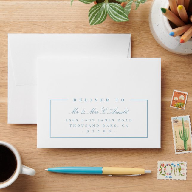 RETURN ADDRESS modern elegant soft blue rsvp Envelope (Desk)