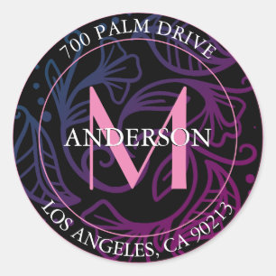 Return Address, Pink Monogram, Graphic Floral Classic Round Sticker
