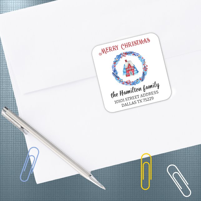 Return Address Red House Wreath Merry Christmas Square Sticker (Creator Uploaded)