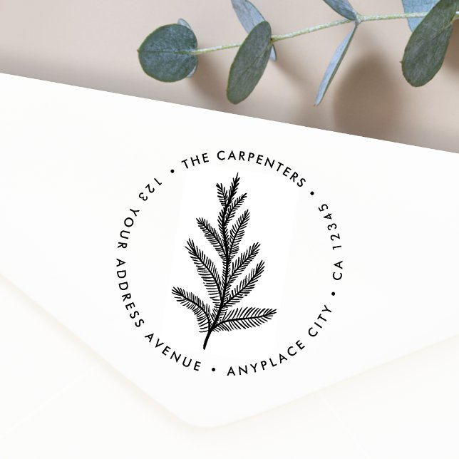 Return Address Rubber Stamp | Modern Fir Branch (Round fir branch illustration return address rubber stamp for everyday and seasonal mailing)