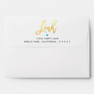 RETURN ADDRESS turquoise blue gold script LEAH Envelope