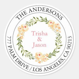 Return Address W/C Peach Flowers Coral/Grey/Black Classic Round Sticker