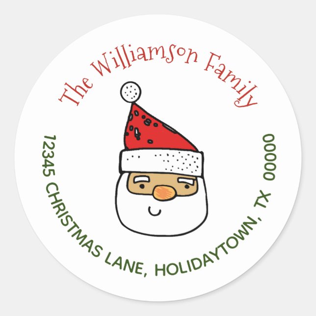 Return Address Whimsical Santa Claus Christmas Classic Round Sticker (Front)