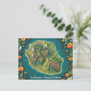 Reunion - Cirques & Volcano Illustrated Map Postcard
