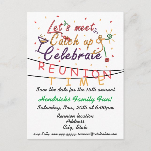 Reunion design for families, school mates, peers announcement postcard (Front)