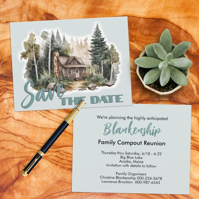 Reunion Gathering Rustic Cabin Announcement  (This cabin artwork family reunion designed SAVE THE DATE announcement also serves as an invitation. )