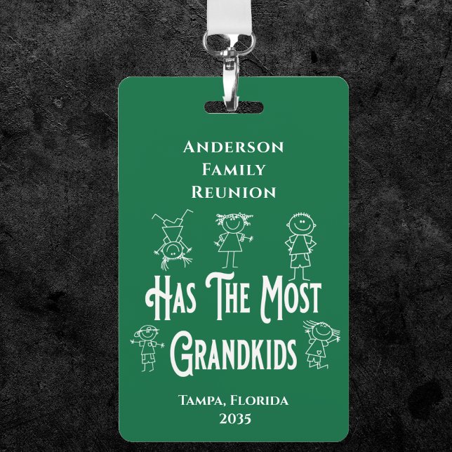 Reunion Grandparents Award Most Grand Kids ID Badge (Has the most grandkids family reunion prize badge. Proudly wear this at your next reunion. )