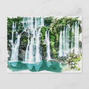 Reunion Island Tropical Waterfalls Watercolor Art Postcard