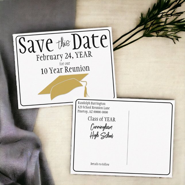 Reunion Save The Date Black White Gold  Postcard (Class reunion save the date postcard announcement ready for customization. )