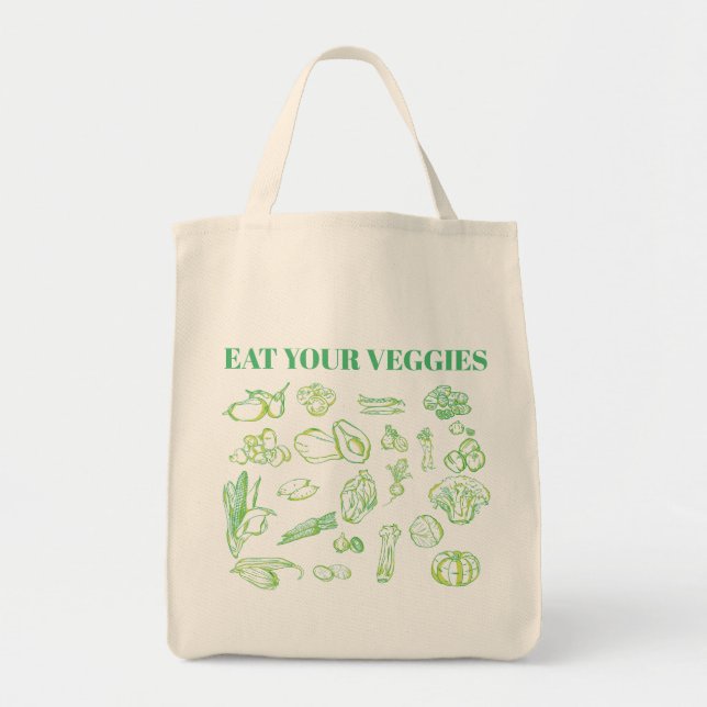 Reusable Grocery Tote Bag with Vegetable Drawings (Front)